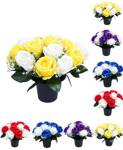 ZaKaBox Artificial Flowers for Graves, Yellow & White Rose, Pot | Grave Flowers with Pot, Outdoor Cemetery Memorial Decoration, Weather Resistant Grave Ornament