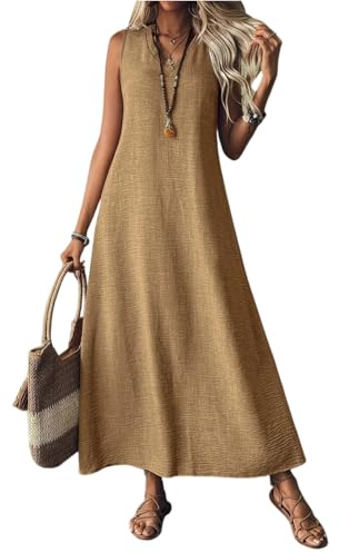 Kleid Damen Leinenkleider für Damen V-Ausschnitt ärmelloses Maxikleid, lässiges, Schlichtes, langes, fließendes Sommerkleid für Strand und Urlaub