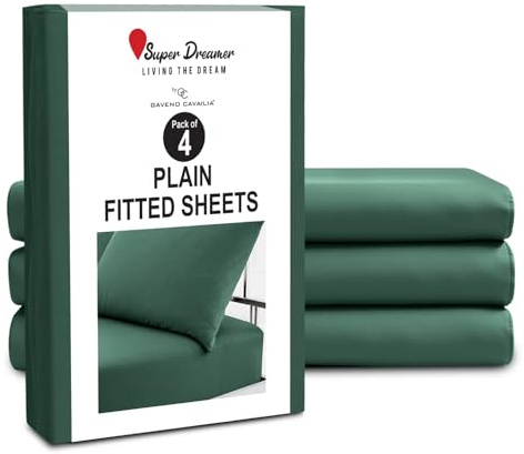 GC GAVENO CAVAILIA Microfiber Fitted Sheet Double - 4 Pack Plain Bed Sheets - Deep Pocket 10 inch (25cm) - Shrinkage, Fade & Wrinkle Resistant Bottom Sheet, Fit to Mattress (137x193 cm) - Dark Green