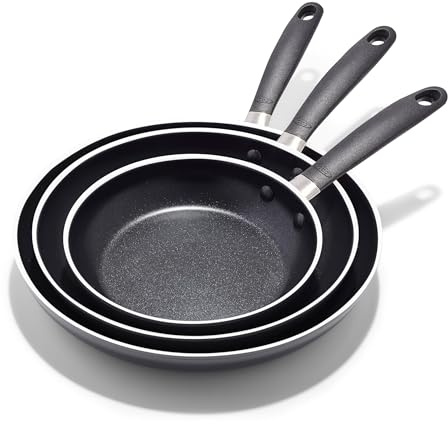 OXO Non-Stick Every Day Frying Pan Set, BPA-Free Comfort Grip Silicone Handles, Dishwasher & Oven Safe, PFAS-Free Ceramic Skillets, Black, 8”, 10” & 12”