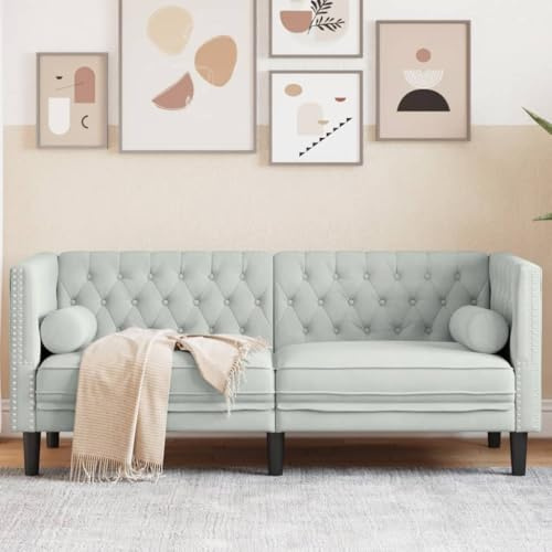 CKioict Chesterfield-Sofa mit Nackenrollen 2-Sitzer Hellgrau Samtstoff Polster Wohnzimmer Sessel
