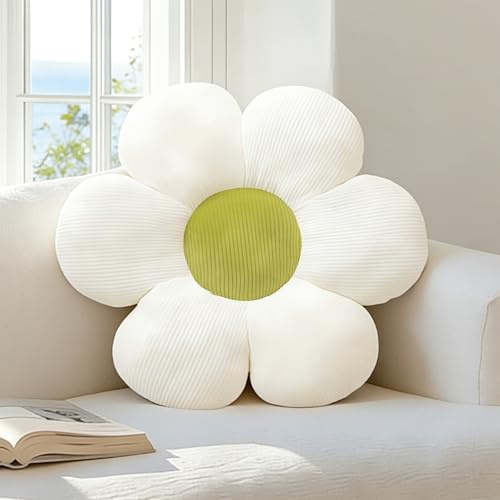 dellyy Dekokissen Blumen, Kissenbezug Weiß, Bodenkissen mit Füllung, Süße Blumen Kissen für Kinderzimmer, Aesthetic Kissen Deko für Wohnzimmer, Schlafzimmer, Büro, Sofa, Balkon (Weißgrün, 50CM)
