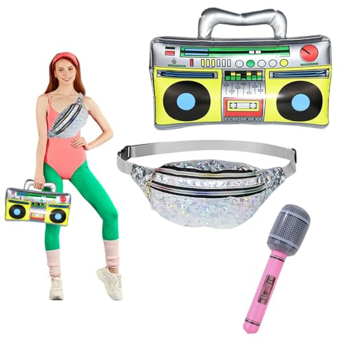 GWAWG Aufblasbarer Ghettoblaster Mikrofon Bauchtasche Set, 80er 90er Jahre Accessoires für Damen & Herren, Retro Aufblasbares Kostüm Zubehör für Karneval, Fasching, Mottoparty & Festival