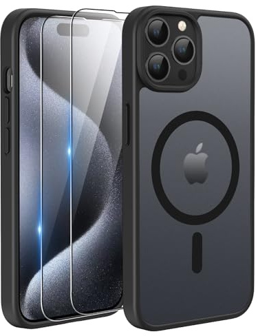 TQIAHF Magnetic Phone Case Cover for iPhone 15 Pro Max,Black | with 2 Tempered Glass Screen Protector Compatible with MagSafe Military Grade Shockproof Protective Slim Translucent Matte
