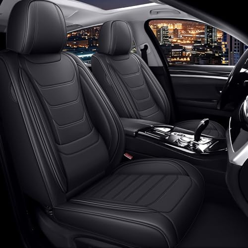 NewYYY AutoSitzbezüge Leder für Skoda Octavia 2001-2026, Schwarz | Nappa Leder Auto Sitzbezug 5 Stück, Wasserdichter Sitzschoner, Kratzfester Schonbezüge, Komfortabler Sitzschutzbezug