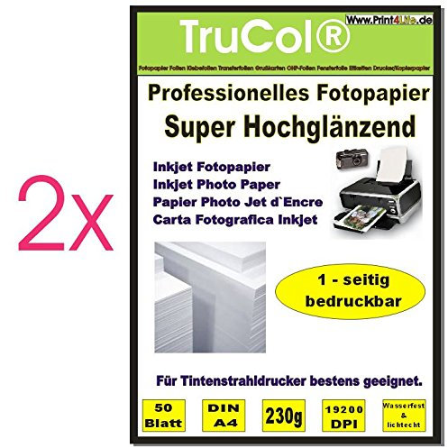 100 Blatt Fotopapier DIN A4, 230g/qm, high -Glossy (hoch-glänzend) -sofort trocken -wasserfest-hochweiß-sehr hohe Farbbrillianz, für Inkjet Drucker (Tintenstrahldrucker).