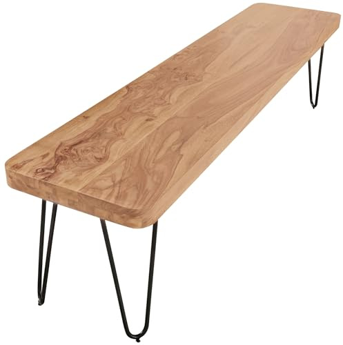 Wohnling Sitzbank Bagli 120x40x45 cm Akazie Massivholz Natur | Essbank im Landhausstil mit Metallbeinen, Holzbank bis 200 kg, handgefertigtes Unikat, Küchenbank für Esstisch