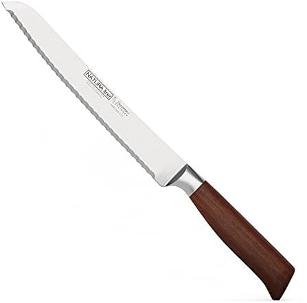 Burgvogel Solingen Natura Line, Brotmesser für Linkshänder Holzgriff, rot satiniert, geschmiedet, 23 cm mit Wellenschliff, rostfrei, sehr scharf, Made in Germany, Braun Rot, B 9” = 23 cm, 6990.906.23.7