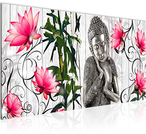 Runa Art Wandbild Buddha Blumen 1 Teilig 100 x 40 cm Modern Bild auf Vlies Leinwand Holz Lotus Wohnzimmer Grau 505912a