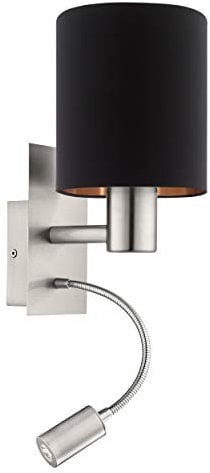 EGLO LED Wandlampe Pasteri, 2 flammige Textil Wandleuchte, Material: Stahl, Stoff, Farbe: Nickel matt, schwarz, kupfer, Fassung: E27, inkl. Schalter und flexiblen Leselicht