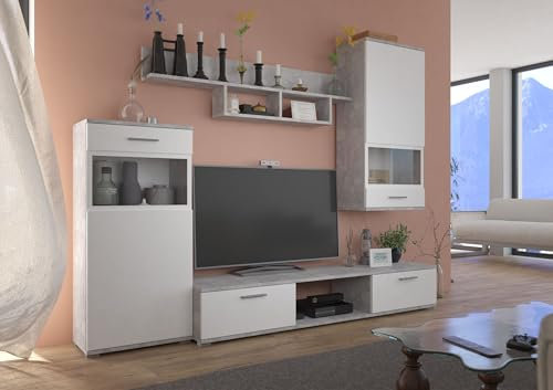 Kuechen-preisbombe TOP Wohnwand Blues Anbauwand Wohnkombi Wohnzimmer Weiss matt + Beton hell Optik