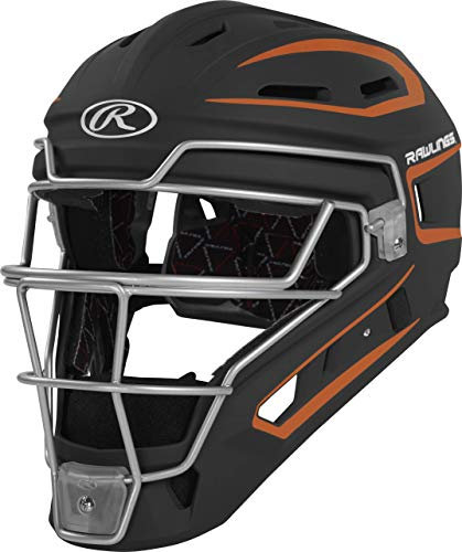 RAWLINGS Velo Series 2.0 Two-Tone Baseball Catcher's Helmet, Matte Black and Orange, Junior