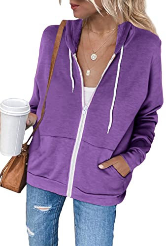 Uusollecy Felpa Donna con Zip e Cappuccio Stile décontracté Tinta Unita Vintage Felpa Zip Tasche,Viola,M