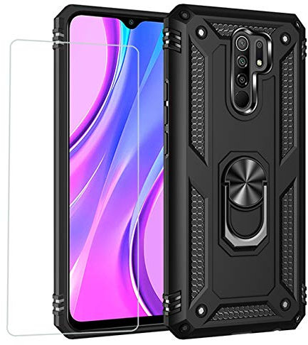 Joytag Compatibile per Cover Xiaomi Redmi 9,Custodia + Vetro temperato Silicone TPU 360 Grado Anello Girevole Magnetico Supporto Cassa del Telefono dell'auto Case-Nero