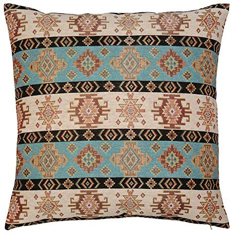 pillowerus Boho-Kissenbezüge, türkis/cremefarbener Kelim – 50.8x50.8 cm, dekorative Kissen, Moderne Raumdekoration für Couch, südwestliches Muster, Aztekenmuster