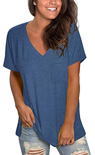 MOLERANI Damen Kurzarmhemden mit V-Ausschnitt Loose Casual Tee Sommer Tops mit Tasche (XL, Dunkelblau)