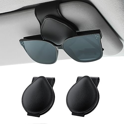 Rhino Valley Auto Sonnenbrillen Halter, 2 Stück Universal Auto Visier Brille Halterung Magnetische Adsorption Sonnenblende Aufhänger Leder Brillenhalter für Ticket Karten Brillen, Schwarz