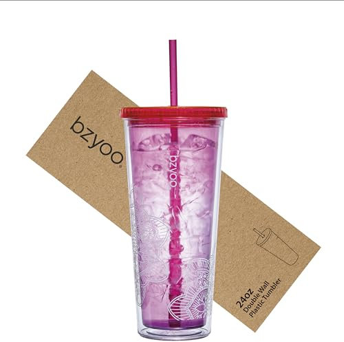 bzyoo SIP Gobelet en plastique à double paroi avec couvercle et paille - 710 ml - Réutilisable - Parfait pour le bureau, la piscine, les fêtes - Cadeau pour elle et lui - Couleur : rose et violet