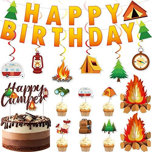 52 Pcs Camping Birthday Party Decorations, Happy Camper Party Hanging Swirls Ceiling Decor Happy Birthday Banner Camping Cupcake Toppers Campfire Centerpiece for Kids Birthday Baby Shower Supplies