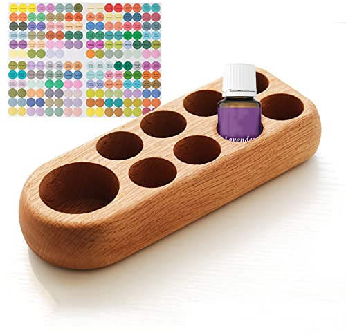 VolksRose 5~15 ml Holz-Ätherisches-Öl-Organizer – Aufbewahrungsständer mit Aufklebern für 9 Flaschen – Eleganter Reise-&Display-Halter für ätherische Öle, Nagellack, Parfüm, kompaktes Regal für Tische