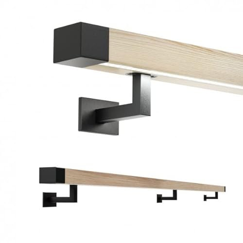 Sellon24® Pasamanos de madera led con iluminación, roble, 50 x 40 mm, madera auténtica, barnizada, set pintado (175 cm, soportes: negro RAL9005/madera teñida y lacada)