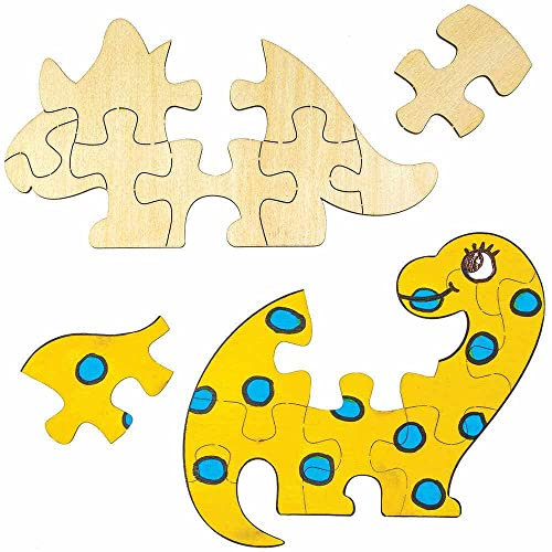 Baker Ross FC828 Dinosaurier Puzzle aus Holz - 5er Pack, Holzpuzzle für Kinder zum Bemalen und Dekorieren