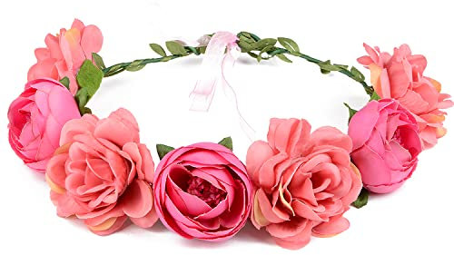 Corona di fiori con rose e peonie, ghirlanda per capelli, con nastro regolabile, per matrimoni, festival, feste (rosa)