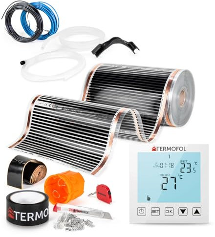 Termofol Elektrische Fußbodenheizung Heizfolie 230V - mit Thermostat H1 Weiß - Leistung 80 W/m2 - Oberfläche 8m² - Fussbodenheizung Elektrisch Komplettset fur Fußboden-, Wand- oder Deckenheizung