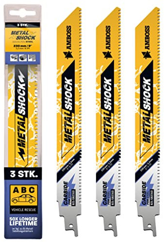 AMBOSS METAL SHOCK - 3x Säbelsägeblatt Länge 230 mm / 8 ZpZ - ideal für Abriss/Fahrzeugrettung/Aufbau/Demontage/Rohrleitungsbau - geeignet für Stahl (Rohre/Profile/Träger) sowie Gussrohre
