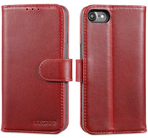 LENSUN Echtleder Hülle für iPhone SE2020/SE 2022 5G, iPhone 7/iPhone 8 Handyhülle [Echtes Leder][Magnetverschluss] [Kartenfach] Handytasche Lederhülle 4,7 Zoll - Weinrot
