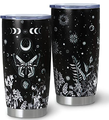 HOWSEESNOW Goth Tumbler mit Deckel und Strohhalm, 590 ml, isolierter Gothic-Schmetterlings-Becher, Hexenfüller, Schmetterling-Kaffeetasse, Halloween-Geschenke für Frauen, wiederverwendbare schwarze