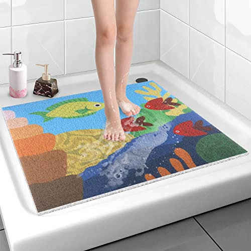 Sicherheits Duschmatte rutschfest für Kinder 60 x 60 cm, Weich Komfort Badematte mit Ablauflöchern, PVC-Luffa Massage Duschmatten für Nassbereiche, Schnell trocknend