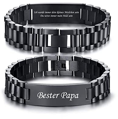 TempBeau Armband Herren Papa Geschenk : Personalisiertes Armreif Edelsathl 21.5cm Schwarz Gravur Männer Glieder armbänder Schmuck Geburtstagsgeschenk Vatertagsgeschenk für Dad