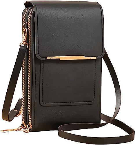matago Sacoche en cuir antivol - Petit sac à bandoulière léger en similicuir pour téléphone portable, pour femmes, avec fenêtre pour écran tactile (Noir)