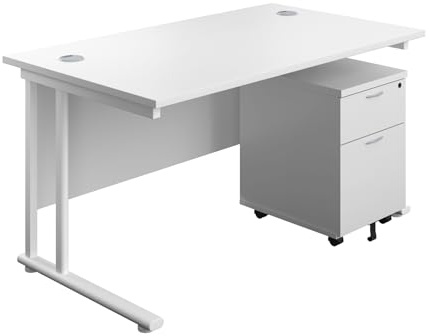 Office Hippo Heavy Duty Rectangular Cantilever Office Desk, Home Office Desk With 2 Drawer Lockable Mobile Pedestal Filing Cabinet, File Cabinet, 5 Yr Wty, White Frame, White, 140 x 80 cm