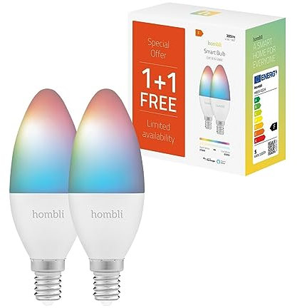 Hombli 2er Pack Smarte LED Glühbirne mit 16 Millionen Farben | E14 Dimmbares Warmweißes Licht | 4.5W, 380 Lumen | Einfache Installation | Sprachsteuerung | Kompatibel mit Google, Alexa & Siri