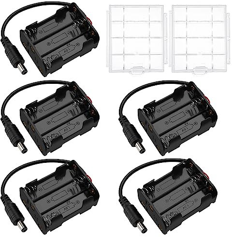 5 Piezas 6x1.5V AA Caja de Soporte de Batería, KUOQIY 9V AA Caja de Almacenamiento de Batería con Enchufe de CC, AA Caja de Batería de Doble Cara, con 2 Piezas Caja de Batería de Plástico