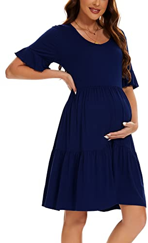 Smallshow Women's Maternity Short Sleeve Summer Dress O Neck Casual Ruffle Pregnancy Clothes Navy XL