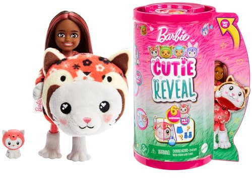 BARBIE Cutie Reveal Puppe - Chelsea-Puppe mit langem braunem Haar und 6 Überraschungen, Plüschtierfreunde, kuschelweiche übergroße Fleece-Jacke, für Kinder ab 3 Jahren, HRK28