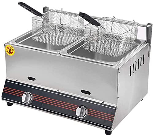 CGLYYDS Deep Fryer Friteuse à gaz Professionnelle,Friteuse à gaz à Double Cylindre 12L avec bac d'assaisonnement et 2 paniers de friture,Facile à Nettoyer