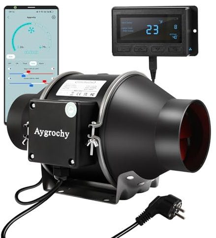Aygrochy 4 inch wifi APP inline fan with Temperature and Humidity controller, Extractor Fan for Booster, Growth Tents, Ventilation and exhaust fan.