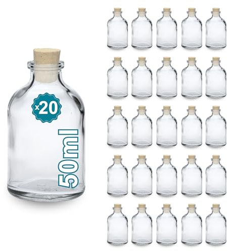 Espirito Rebelde Bottiglie di vetro da 50 ml con tappo in sughero (confezione da 20), ideali per la decorazione di spezie e regali chic per matrimoni
