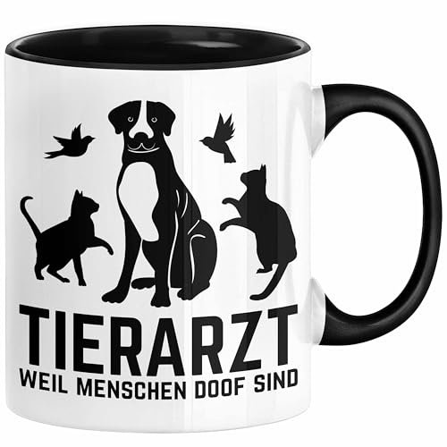Trendation - Tierarzt Tasse Geschenk für Tierärztin Geschenkidee Lustiger Spruch Kaffeetasse Becher Tierarzt Weil Menschen Doof Sind (Schwarz)