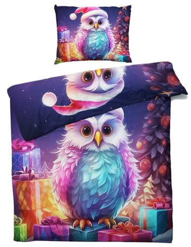 QEODAH Weihnachten Eule Bettwäsche 155x220 Winter - Kinder Weihnachts Bettbezug 155x220 3 Teilig - Wendebettwäsche & 2 Kissenbezug - Weiche Mikrofaser Bettwäsche-Sets mit Reißverschluss