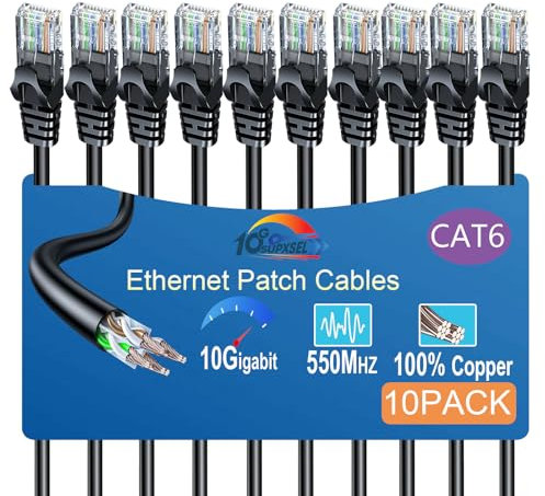10Gsupxsel Cat 6 Ethernet Cable 3FT 10Pack, Cat6 Ethernet Patch Cable 10Gbps, High-Speed UTP Cat6 Network Cable Pure Copper, Cat 6 Cable for Home and Office Network, Black