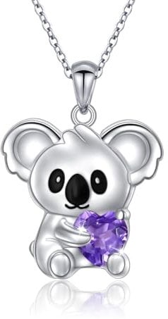 Flyow Koala Necklace 925 Sterling Silver Animal Koala Bear Pendant Cute Koala Hold Heart Violet Cubic Zirconia Necklace Koala Gifts for Women Girls