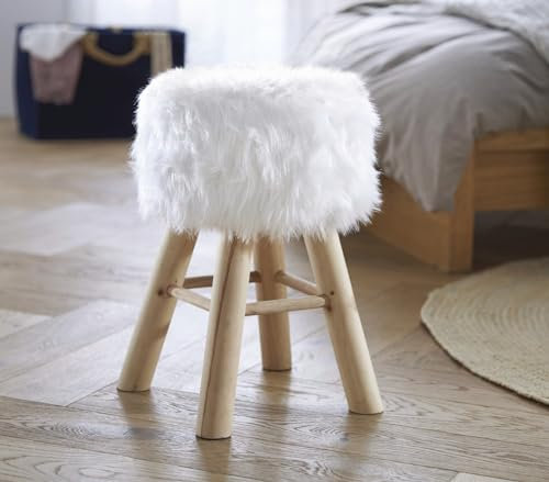 Dekoleidenschaft Hocker Kuschelfell aus Kunstfell in weiß und Holz, Natur, Sitzhocker rund, Polsterhocker, Fußhocker, Schminktisch-Stuhl, Dekohocker