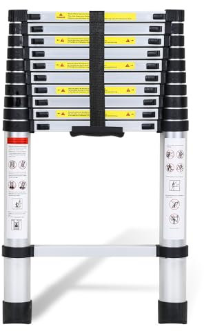 Fiqops Scala telescopica in alluminio 3,2 m, allungabile, in alluminio, antiscivolo, portata 150 kg