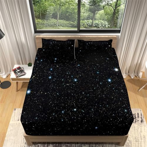 Spannbettlaken 160x200cm Schwarzer Sternenhimmel Und Sterne Boxspringbett Topper 3D Drucken Spannbetttuch Kinder Jungen Mädchen Dekorative weiche Mikrofaser Bettlaken mit 2 Kissenbezügen