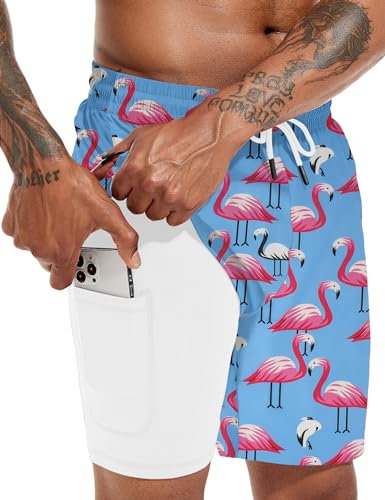 Atforna Short de bain long 2 en 1 pour homme - Avec compression - Séchage rapide - Respirant - Avec poche zippée - Cordon de serrage réglable, Flamant rose bleu, M